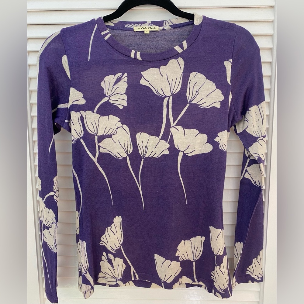 Pashma size small purple and white floral sweater. Purchased from Halsbrook.